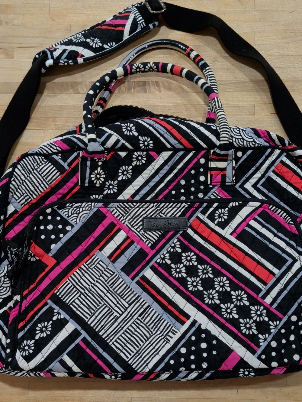 Vera Bradley Quilted Travel Duffel Black Pink Orange And White Graphic Design